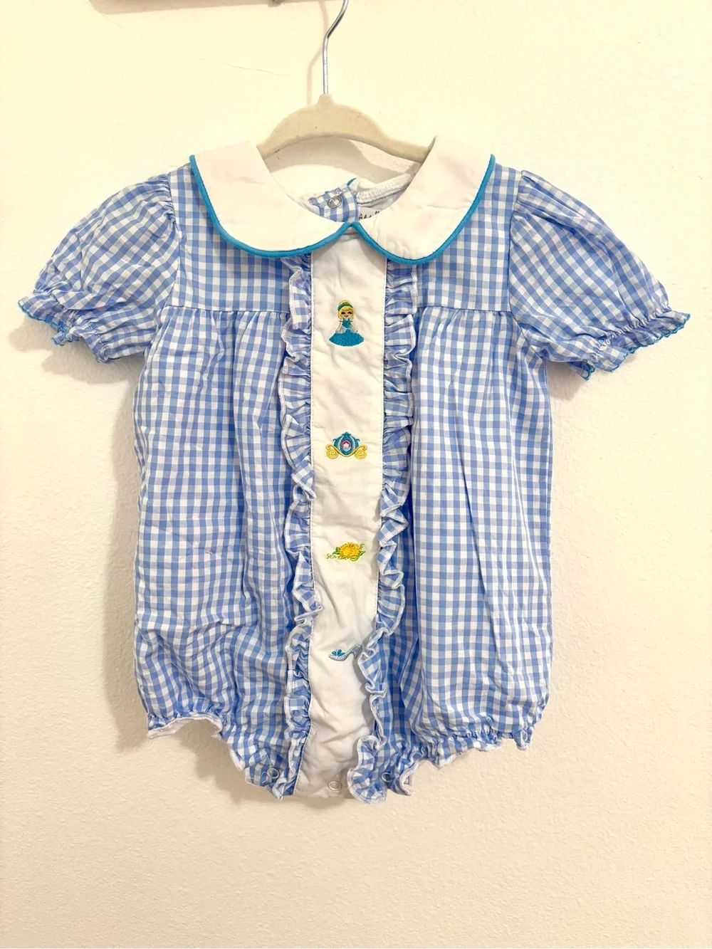Princess Gingham Baby smocked Romper with White Peter Pan Collar